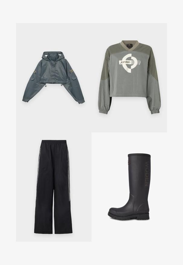 Veste de pluie grise raccourcie avec capuche, manches longues, ourlet élastique, deux poches latérales et accents jaunes sur la manche gauche. Texture lisse.; Pull-over court à manches longues avec des poignets élastiques, blocs de couleur vert-gris atténuée, et logo Jordan blanc centré sur la poitrine.; Pantalon de survêtement noir à jambes larges avec ceinture élastique et trois bandes blanches sur le côté de chaque jambe.; Botte noire en caoutchouc haute avec finition texturée, logo WODEN sur le côté, et semelle renforcée avec des accents mouchetés.