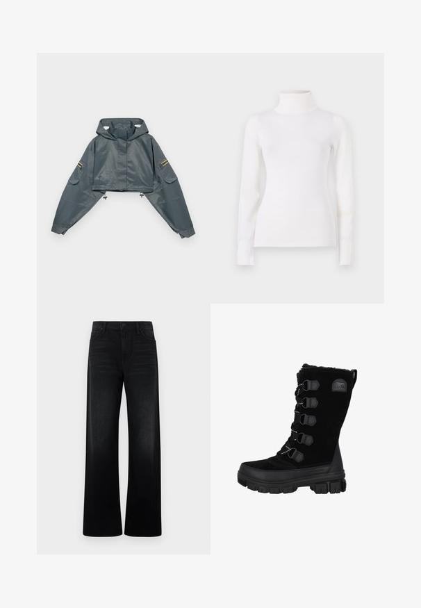 Kort grå regnjakke med hætte, lange ærmer, elastisk kant, to sidelommer og gule detaljer på venstre ærme. Glat tekstur.; Hvid turtleneck sweater, tætsiddende design, lange ærmer, blød tekstur, glat stof, minimal detaljer, ribbede manchetter og krave.; Sorte jeans med høj talje og vide ben, med forlommer og bæltestropper, vist mod en ensartet lys baggrund.; Sorte vandtætte vinterstøvler med overdel i ruskind, pelskrave og gummisål. Har snørebåndsdesign med hexagonale snørehuller og logo-patch.