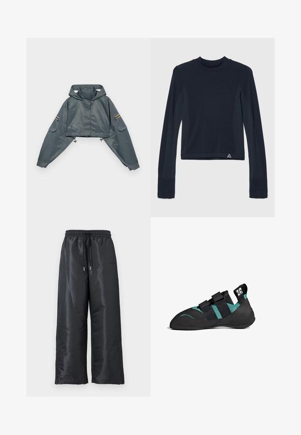 Veste de pluie grise raccourcie avec capuche, manches longues, ourlet élastique, deux poches latérales et accents jaunes sur la manche gauche. Texture lisse.; Haut à manches longues en navy avec une texture côtelée, présentant des accents à pois le long des manches et un col haut. Logo de la marque en bas à gauche.; Pantalons larges noirs en tissu brillant et lisse. Présentent une taille élastique avec cordon de serrage et des poches latérales.; Chaussure d'escalade noire et bleu sarcelle avec deux sangles réglables et une languette de traction au talon sur fond blanc.