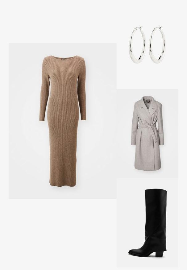 Abrigo de mezcla de lana de color gris claro con mangas largas, cintura ceñida por un cinturón, cuello con muesca y dos bolsillos frontales. Presenta una textura suave y lisa.; Vestido de manga larga de canalé en un cálido color marrón, con un escote redondo y un diseño ajustado que llega hasta los tobillos.; Bota alta de cuero negro con costuras anguladas, puntera puntiaguda y tacón grueso de altura media sobre fondo blanco.; Pendientes de aro de plata con un acabado suave y brillante. Forma circular, con un cierre seguro. Diseño sencillo y elegante.