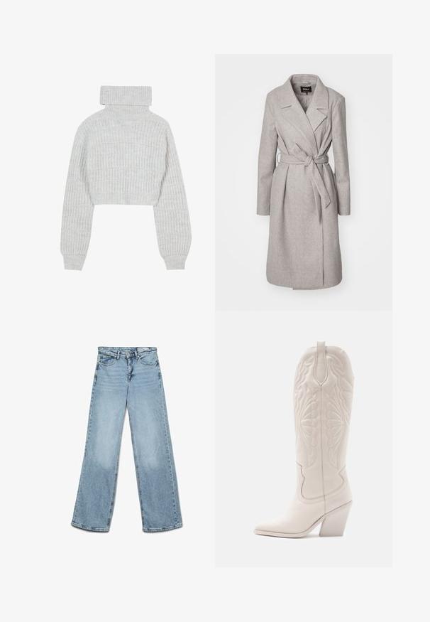 Abrigo de mezcla de lana de color gris claro con mangas largas, cintura ceñida por un cinturón, cuello con muesca y dos bolsillos frontales. Presenta una textura suave y lisa.; Suéter de punto gris claro, recortado, con cuello alto tipo tortuga, mangas anchas y un patrón ribeteado texturizado. Material suave con un ajuste ligeramente holgado.; Vaqueros de tiro alto y pierna ancha en color azul claro, con cierre de botón y cremallera, bolsillos delanteros y traseros, y trabillas para cinturón.; Bota vaquera de cuero blanco con punta afilada y tacón bloqueado. Presenta patrones de costura intrincados en el caña y una textura suave.