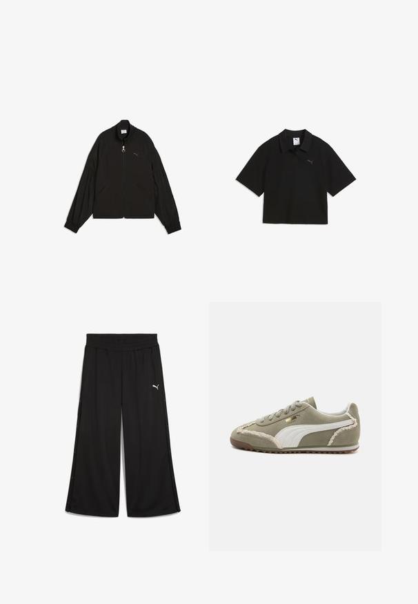 Zwarte jas met rits, lange opgepofte mouwen, elastische manchetten, twee voorzakken en een klein Puma-logo op de borst.; Zwarte korte mouw cropped polo met kraag en vaag Puma-logo op de borst, getoond op een witte achtergrond.; Zwarte sportbroek met een elastische tailleband, zijsnapknopen en een wit Puma-logo aan de voorkant. Gemaakt van lichtgewicht stof.; Groene suède sneakers met witte leren accenten, geprofileerde stiksels, vetersluiting aan de voorkant en rubberen zool. Bevat unieke ontwerpelementen langs de zijkanten.
