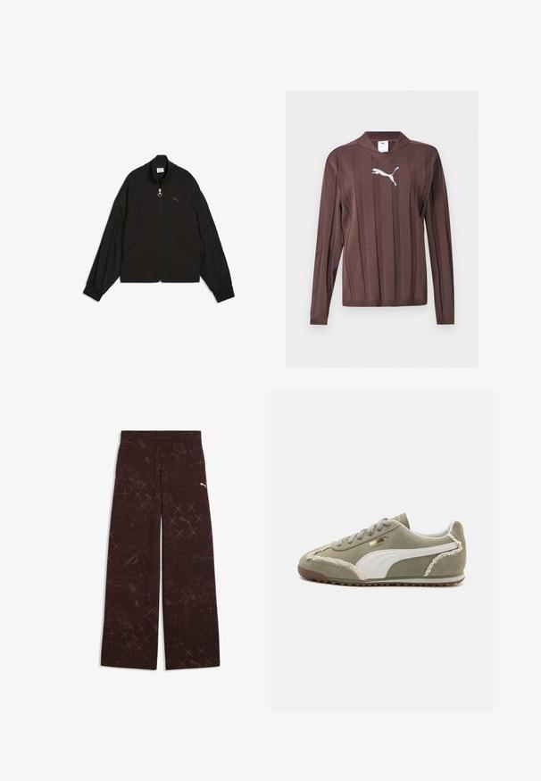 Zwarte jas met rits, lange opgepofte mouwen, elastische manchetten, twee voorzakken en een klein Puma-logo op de borst.; Bruine trui met lange mouwen met verticale, gestructureerde strepen en een wit Puma-logo in het midden van de borst op een effen achtergrond.; Donkerbruine wijde broek met een all-over abstracte print en een klein wit Puma-logo op de rechterdij.; Groene suède sneakers met witte leren accenten, geprofileerde stiksels, vetersluiting aan de voorkant en rubberen zool. Bevat unieke ontwerpelementen langs de zijkanten.
