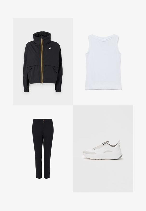 Sort, let jakkem med høj krave, frontlynlås med farverige accenter og to store forlommer. Blødt stof, cropped design.; Ærmeløs hvid bomuldstop med bred rund halsudskæring og lige kant, vist fladt på en hvid baggrund.; Sorte skræddersyede bukser lavet af en bomuldsblanding, med to frontknapper, lige snit og en glat tekstur. Ingen synlige mønstre.; Hvide sportssko med en glat læderoverdel, grå accenter, rund tå, tekstureret mellemsål og en strop på hælen.