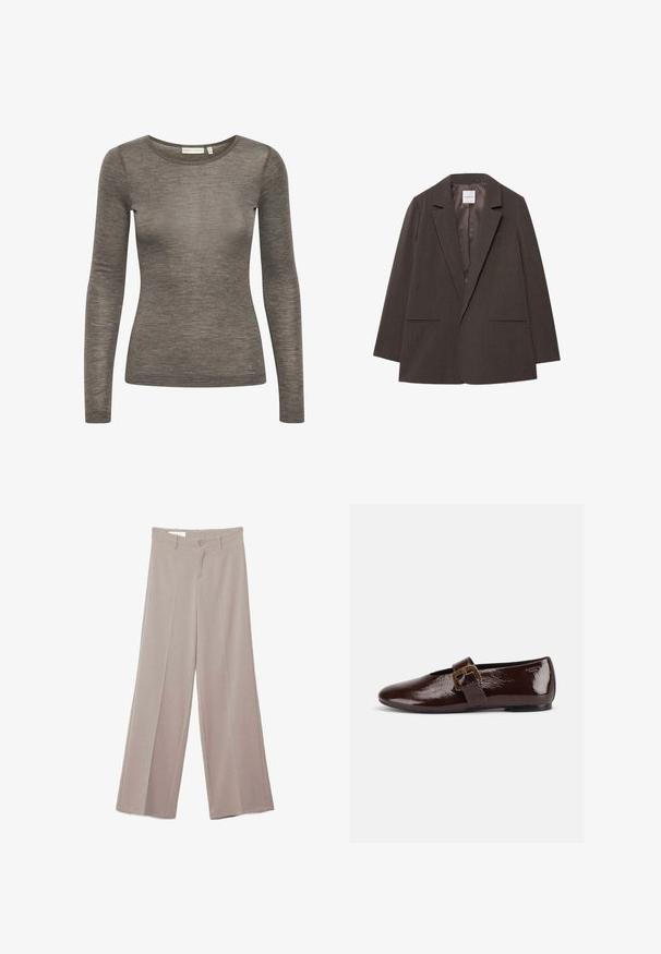 Blazer marron foncé avec un col cranté, une fermeture à bouton unique et deux poches avant. Doublure intérieure lisse, coupe ajustée et tissu texturé.; Chemise à manches longues en tissu brun léger et doux. Dotée d'un col rond et d'une silhouette ajustée. Texture subtile avec un petit détail de logo.; Pantalon large beige avec devant plat, deux poches avant, fermeture par bouton, et une finition de tissu lisse légèrement texturé.; Chaussure plate en cuir verni marron foncé avec une large bride à boucle dorée et un bout arrondi, présentée de profil sur fond blanc.