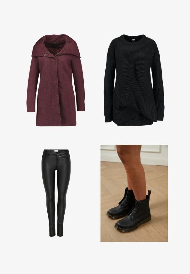 ONLY ONLSEDONA LIGHT COAT OTW NOOS - Halflange jas - chocolate truffle/melange; Zwarte gebreide trui met een geribbelde textuur, een asymmetrisch wikkelontwerp en een brede ronde halslijn met lange mouwen.; Zwarte slim-fit faux leren broek met voorste knoop, ritsluiting en riemlussen, weergegeven op een witte achtergrond.; Zwarte leren enkelboots met een ritssluiting en veters, gekenmerkt door gele stiksels en een dikke, gestructureerde zool.