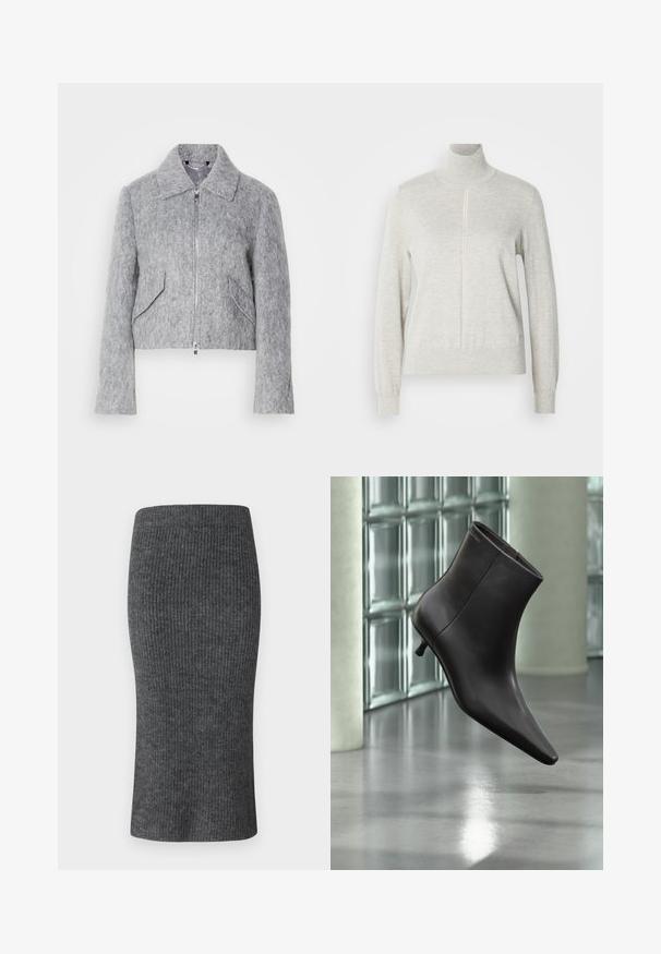 Grå kort jakke lavet af filtmateriale, med lynlås fortil, stor krave og to skrå forlommer. Glat tekstur overalt.; Lys grå sweater med høj krave og kvart lynlås. Lavet af et blødt, struktureret materiale, der har lange ærmer og en tætsiddende kant.; Grå ribbet blyantskørt med en tætsiddende facon, høj talje og glat tekstur. Designet til en strømlinet silhuet.; Sort læderankelstøvle med spids tå og lille hæl vist mod en væg af glasblokke og poleret gulv baggrund.