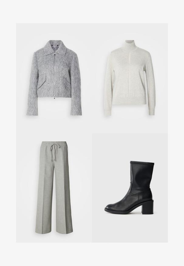 Veste grise courte en matériau feutré, avec une fermeture éclair à l'avant, un grand col et deux poches avant inclinées. Texture lisse sur toute la surface.; Pull léger gris avec un col haut et une fermeture éclair quart. Fabriqué à partir d'un matériau doux et texturé, il présente des manches longues et un ourlet ajusté.; Pantalon ample gris clair avec taille élastique et cordon de serrage, poches avant, et tissu texturé subtil.; Botte en cuir noir à cheville avec un bout rond, texture lisse et un talon épais, présentant un tige ajustée et un subtil détail de couture.