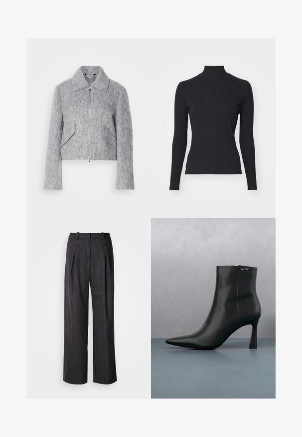 Grijze cropped jas van viltmaterialen, met een rits aan de voorkant, een grote kraag en twee schuine voorzakken. Glad textuur overal.; Zwarte geribde coltrui met lange mouwen. Gemaakt van rekbare stof met een getailleerde pasvorm en hoge kraag. Eenvoudig ontwerp zonder versieringen.; Donkergrijze wijde broek met een gestructureerde stof, voorzien van voorplooien en een klassiek taillebandontwerp. Geen zichtbare zakken.; Zwarte leren enkellaars met spitse neus en een geometrische hak. Heeft subtiele branding en een gladde textuur. De achtergrond heeft getextureerde tegels.