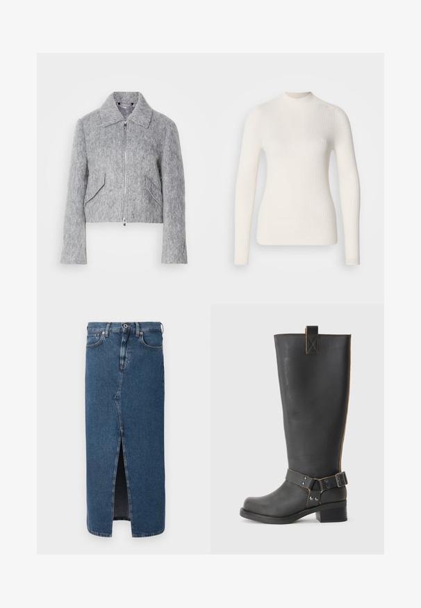 Chaqueta gris corta hecha de material afieltrado, con cierre de cremallera en la parte delantera, gran cuello y dos bolsillos frontales angulados. Textura suave en toda la prenda.; Top blanco de manga larga con cuello alto. Presenta una forma ajustada y un sutil detalle de logo en el pecho. Textura suave.; Falda lápiz de mezclilla en azul intermedio con una abertura frontal, diseño clásico de cinco bolsillos y cierre de botón en la cintura. Textura suave.; Bota de cuero negro hasta la rodilla con un acabado texturizado, que presenta un acento de hebilla lateral y un tacón bajo. Costura detallada a lo largo de las costuras.