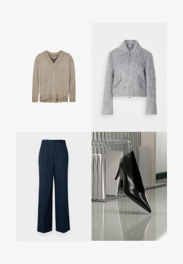 Grå kort jakke lavet af filtmateriale, med lynlås fortil, stor krave og to skrå forlommer. Glat tekstur overalt.; Beige langærmet V-hals sweater med ribbede manchetter og kant, med sideliner og let høj-lav kantdetalje.; Marineblå skræddersyede bukser med lige ben, der har en presset front, sidelommer og et blødt bomuldsblandet stof.; Sort højhælet sko med spids tå og guldlogo, placeret på en reflekterende overflade nær en krom trådfilholder med dokumenter.