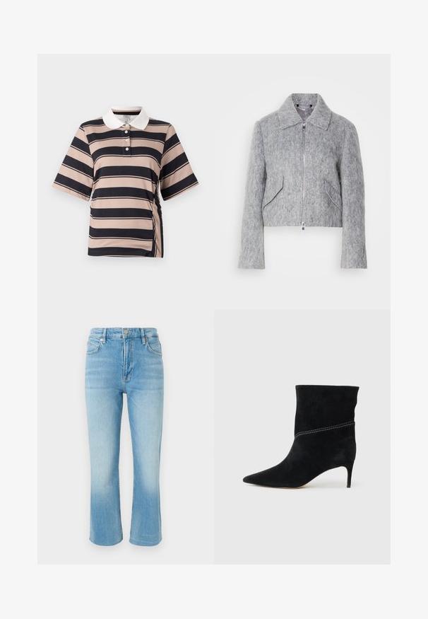 Grå kort jakke lavet af filtmateriale, med lynlås fortil, stor krave og to skrå forlommer. Glat tekstur overalt.; Kortærmet polo-shirt i lys beige med mørkeblå striber, med hvid krave, tre-knaps placket og samlet side-detail.; Lyseblå denimjeans med høj talje, frontknap og lynlås, fem lommer og let udvidede ben.; Sort ruskind ankelstøvle med spids tå, der har en slank stilettohæl og kontrastfarvet hvid syning langs sidesømmen.