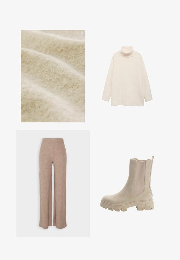 Cremefarvet stof med en blød, fuzzy tekstur, der har et lagdelt udseende og en subtil glans. Ideelt til varme tekstiler eller beklædning.; Cremefarvet turtleneck sweater lavet af blødt, struktureret stof. Har lange ærmer og en løs, afslappet pasform. Enkel design uden mønstre.; Beige ribbede vide bukser med høj talje og blød tekstur, der har en løs pasform og ingen synlige lukninger.; Beige Chelsea støvler med en glat læderoverdel og elastiske sidepaneler. Tyk, robust gummisål med karakteristisk mønster og trækstrop.