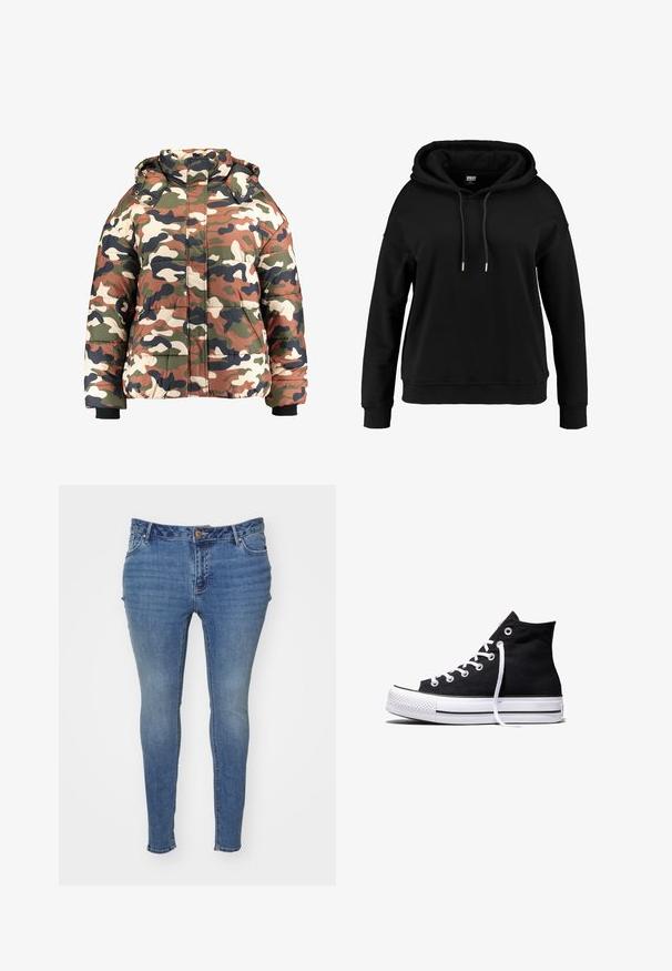 Camouflage pufferjack met een mix van bruin, groen en roomkleurige tinten, met een capuchon en geribde manchetten. Gequilt ontwerp voegt textuur toe.; Zwarte hoodie met een losse pasvorm, koordjes bij de hals, lange mouwen, ribgebreide manchetten en zoom. Gemaakt van een zachte, gestructureerde stof.; Dunne blauwe spijkerbroek van denim met een vervaagde afwerking. Beschikt over een vijf-pocket ontwerp en een knoopsluiting bij de taille.; Zwarte hooggesloten canvas sneaker met witte rubberen zool en witte veters, zijwaarts weergegeven op een witte achtergrond.