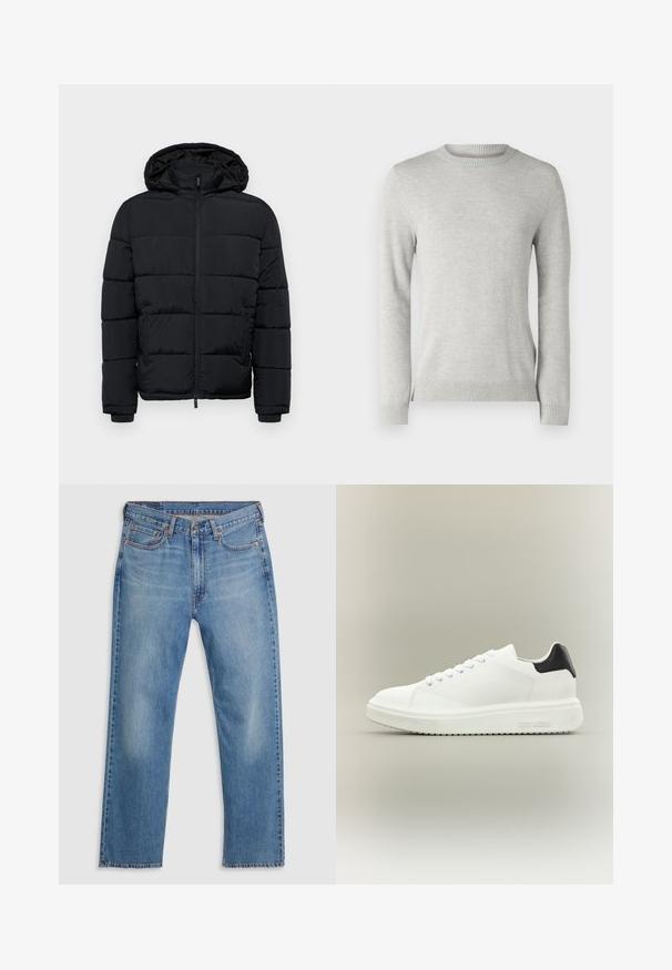 Chaqueta de plumón negra con capucha, con cremallera frontal, diseño acolchado horizontal y puños elásticos. Dos bolsillos laterales con cremalleras.; Suéter de punto gris claro con un escote redondo, mangas largas, patrón texturizado y puños y dobladillo acanalados. Tejido suave y transpirable.; Vaqueros de mezclilla azul de pierna recta con cierre frontal de botón y cremallera, trabillas para cinturón y diseño de cinco bolsillos sobre un fondo blanco.; Zapatilla blanca de caña baja con suela gruesa, cierre de cordones en la parte delantera y lengüeta negra en el talón, con la marca "Steve Madden" en la suela lateral.