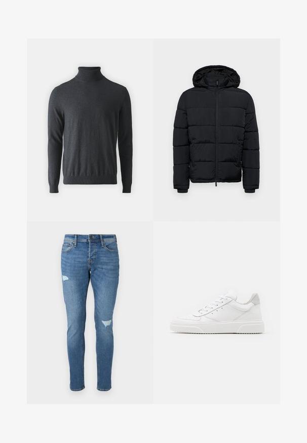 Chaqueta de plumón negra con capucha, con cremallera frontal, diseño acolchado horizontal y puños elásticos. Dos bolsillos laterales con cremalleras.; Jersey de cuello alto en gris oscuro, hecho de un material de punto acanalado suave. Presenta mangas largas y una cintura ajustada, con un diseño de cuello alto.; Jeans de mezclilla azul deslavado con corte Slim, que presentan zonas desgastadas en las rodillas, cierre de botón y diseño de cinco bolsillos.; Zapatillas de cuero blanca con un acabado suave, punta redondeada, cordones planos y una suela texturada. Acento de ante gris en el talón.