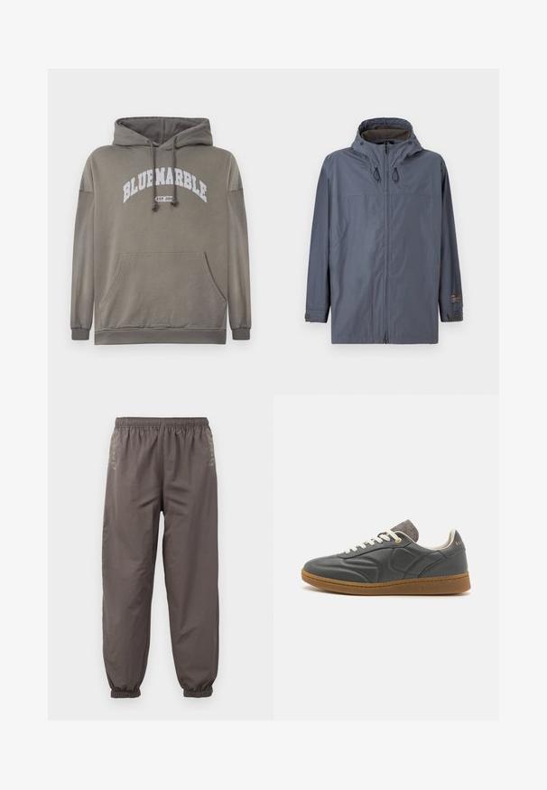 Hallgrayne windbreaker jakk, millel on kapuuts, tõmblukk, elastsed mansetid ja tekstuuriga sisevooder. Sisaldab kapuutsil nööre ja logo detaili.; Oliivroheline kapuutšiga sviiter, kus on ees tasku, nöörid ja valge "BLUEMARBLE EST. 2015" graafika. Omab soonikupid ja ääriseid.; Tumedatehallased, elastse taljeäärtega püksid, millel on mugav lõige. Omavad kogutud varrukaid ja delikaatset tikandit külgedel. Kerge kangas.; Tumehallid nahast tossud ümarate varvastega, valgete paeltega, pruunist kummipõhjaga ja diskreetsete hallide kangast detailidega krae juures. Kuldsed logodetailid.