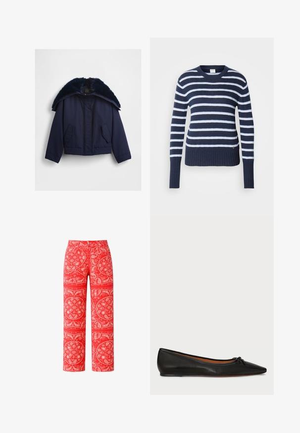 Veste courte bleu marine avec un col en fausse fourrure, une fermeture éclair à l'avant et deux poches latérales, le tout dans une texture de tissu lisse.; Pull en maille à rayures bleu marine et blanches avec un col ras du cou, un ourlet côtelé et des manches longues. Texture douce avec un motif horizontal subtil.; Pantalon rouge taille haute à jambes droites avec un motif blanc complexe de fleurs et de cachemire style bandana.; Ballet flat en cuir noir avec un bout pointu, une silhouette élancée et un petit nœud à l'avant. Texture lisse et design minimal.