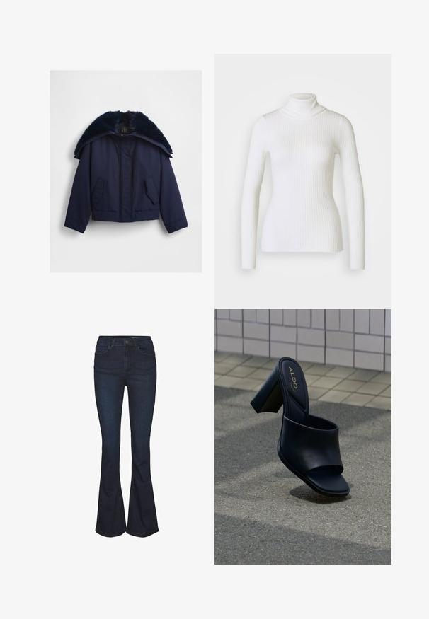 Marineblaue kurz geschnittene Jacke mit einem Kunstpelzkragen, einem Frontreißverschluss und zwei Seitentaschen mit glattem Stoff.; Weißer gerippter Rollkragenpullover mit langen Ärmeln, der ein tailliertes Design und eine weiche Textur aufweist. Flacher Kragen und nahtloser Look.; Dunkelblaue, ausgestellte Jeans aus Denim mit hoher Taille, ausgestattet mit fünf Taschen und dezenten Steppnähten. Glatte Textur mit klassischem Design.; Schwarze, hochhackige Pantoletten mit einem breiten Riemen, quadratischer Zehenpartie und ALDO-Logo auf der gepolsterten Innensohle, auf einem strukturierten Pflasterhintergrund.