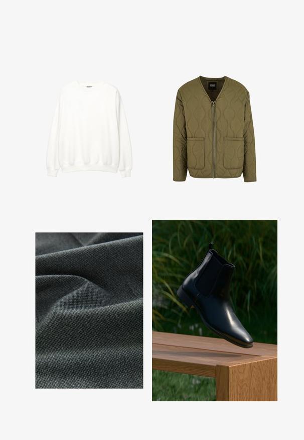 Oliven grøn quiltet jakke med en glat tekstur, V-hals, lynlås lukning og to for- lommer; har bølget mønster syninger.; Hvid sweatshirt, rund hals, lange ærmer, afslappet pasform. Blødt stof med ribbede mansjetter og kant. Minimalistisk design, ingen synlige logoer eller mønstre.; Struktureret stof i mørkegrå, der viser et subtilt vævet mønster. Overfladen fremstår blød med noget drapering, hvilket skaber bløde folder.; Sort læder Chelsea-støvle svævende over en træbænk med græs og planter i baggrunden.