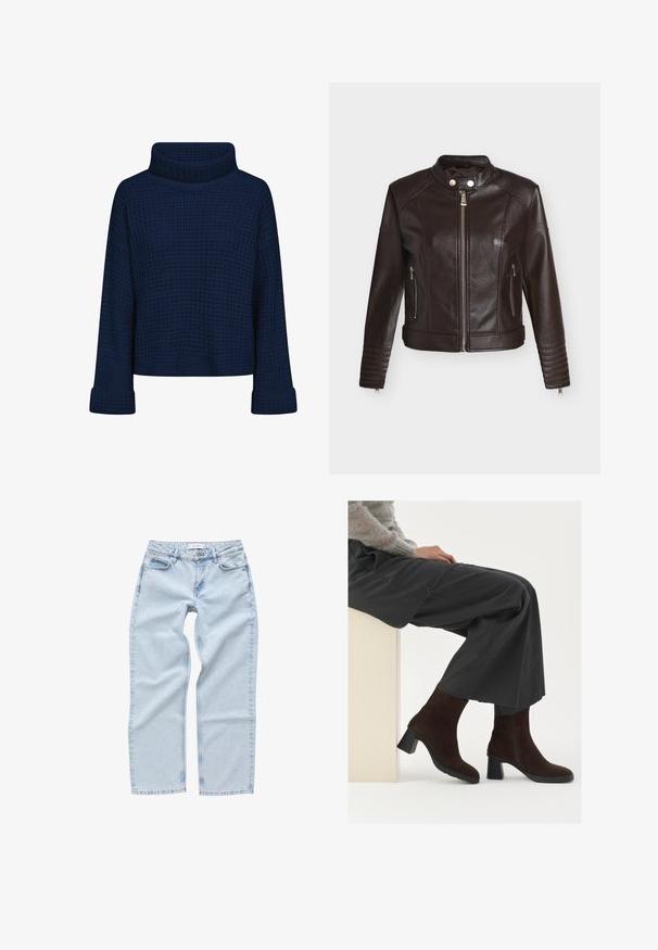 Veste en cuir marron foncé avec fermeture éclair sur le devant, col à bouton-pression, poches latérales zippées et détails matelassés sur les manches et l'ourlet.; Pull à col roulé en maille épaisse bleu marine avec manches longues et poignets repliés, présentant un motif gaufré texturé.; Jeans en denim bleu clair avec une coupe droite, des poches avant et une fermeture à bouton standard. Présente des détails de couture visibles.; Bottes chelsea en suède marron avec un talon bloc et une fermeture éclair latérale, associées à un pantalon gris ample, assises contre un piédestal de couleur claire.