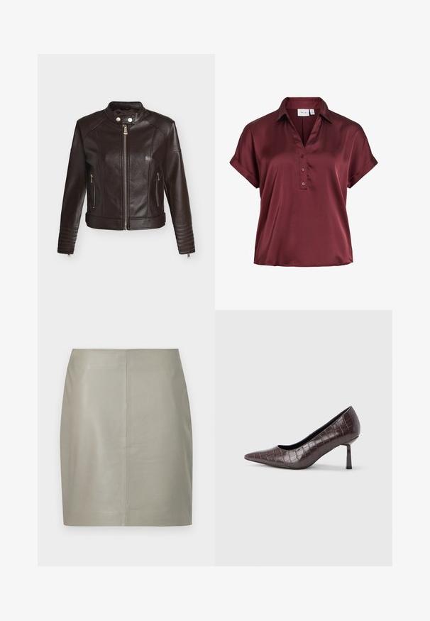 Veste en cuir marron foncé avec fermeture éclair sur le devant, col à bouton-pression, poches latérales zippées et détails matelassés sur les manches et l'ourlet.; Blouse en satin à manches courtes couleur bordeaux foncé avec col, trois boutons sur le devant et manches à poignets repliés.; Jupe en cuir beige longueur genou avec une coupe droite et une couture verticale centrale, présentée sur un fond blanc.; Escarpins à bout pointu en similicuir marron avec une texture crocodile, dotés d’un talon fin et angulaire ainsi que d’une doublure intérieure lisse.