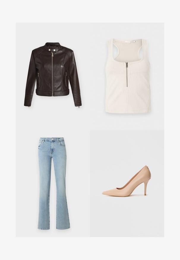 Veste en cuir marron foncé avec fermeture éclair sur le devant, col à bouton-pression, poches latérales zippées et détails matelassés sur les manches et l'ourlet.; Débardeur crème à côtes avec fermeture éclair à l'avant et larges bretelles, fabriqué en tissu extensible.; Jean bleu clair taille haute avec bouton et fermeture éclair à l'avant, deux poches avant et jambes droites légèrement évasées sur fond blanc.; Escarpin à talon haut en cuir beige avec un bout pointu, une texture lisse et un talon aiguille fin. Design minimaliste avec un style à enfiler.