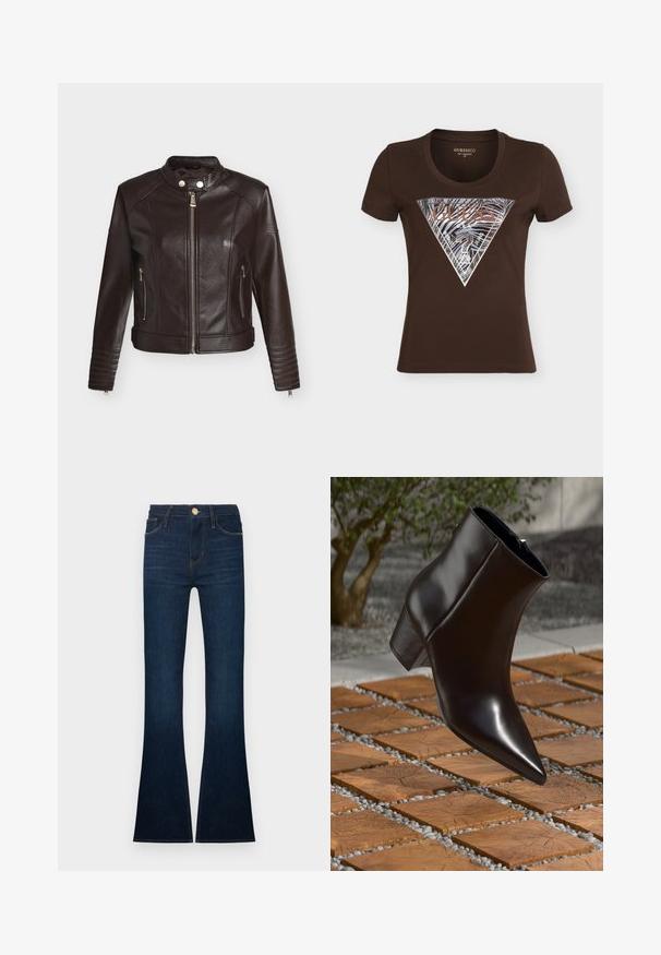 Dunkelbraune Lederjacke mit Frontreißverschluss, Druckknopfkragen, Reißverschlusstaschen an den Seiten und gesteppte Details an Ärmeln und Saum.; Dunkelbraunes, kurzärmeliges tailliertes T-Shirt mit metallic-silbernem, dreieckigem Guess-Logo mit Zebrastrahlen und Text auf der Vorderseite.; Dunkelblaue Schlagjeans aus Denim mit hoher Taille, fünf Taschen und goldenen Nähten. Die Hosenbeine sind weit und leicht ausgefranst.; Schwarze Leder-Stiefelette mit spitzem Schuhkopf, Blockabsatz und glatter Textur, positioniert über einer Holz- und Kiesoberfläche.