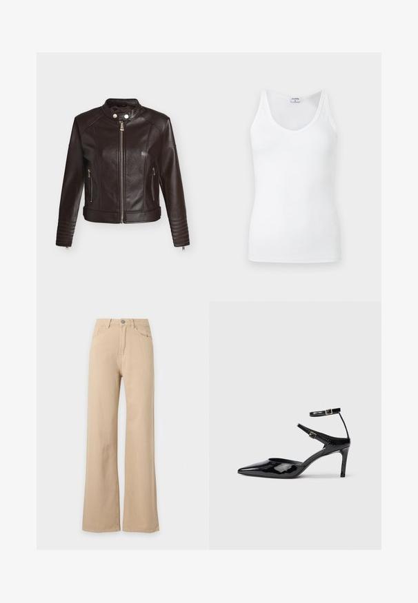 Veste en cuir marron foncé avec fermeture éclair sur le devant, col à bouton-pression, poches latérales zippées et détails matelassés sur les manches et l'ourlet.; Débardeur blanc pour femme, sans manches, col en V avec fines bretelles, présenté sur un fond gris clair uni.; Pantalon beige taille haute, jambes larges, fermeture à boutons devant, poches avant et arrière, présenté sur fond blanc.; Talons en cuir verni noir avec un bout pointu, des sangles de cheville ajustables et un talon fin. Texture lisse avec une finition brillante.