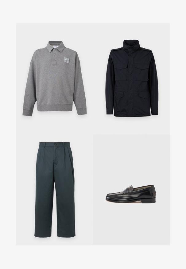 Veste noire de style militaire avec col montant et quatre poches à rabat, présentée sur un fond clair uni.; Sweat-shirt polo gris à manches longues avec trois boutons et un petit patch logo blanc "Maison Kitsuné" sur la poitrine gauche.; Pantalons larges en vert foncé fabriqués en tissu léger et doux. Avec des plis à l'avant, une fermeture à bouton et des passants de ceinture. Design ajusté.; Mocassins en cuir noir avec un design de style mocassin, présentant une bande décorative et un détail de couture sur le dessus. Talon bloc bas.