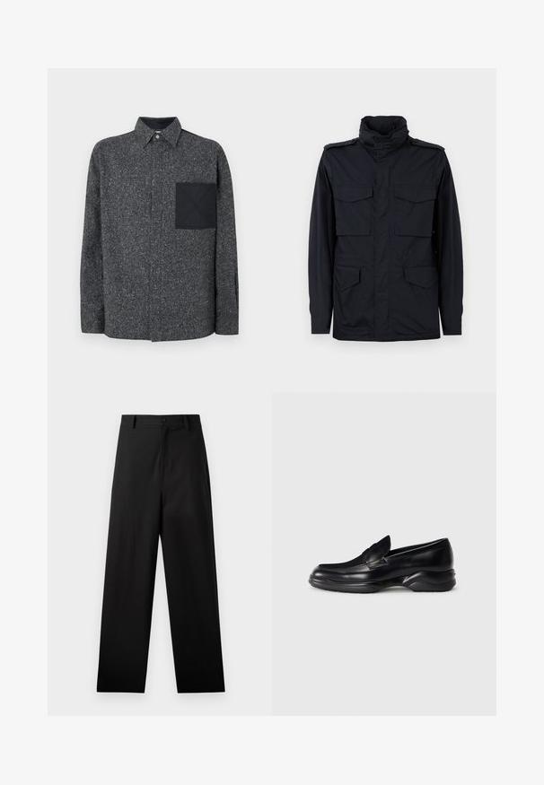 Chaqueta negra estilo militar con cuello alto y cuatro bolsillos con solapa, mostrada sobre un fondo claro liso.; Iceberg Camisa - fantasia mix di grigi; Pantalones negros de algodón con un diseño de pierna recta, que cuentan con un cierre frontal de botón y bolsillos laterales. Textura lisa, sin patrones.; Mocasines de piel negra con una suela de goma texturizada y baja, y un diseño de costura en la parte superior. Presenta una punta redondeada y mínimas ornamentaciones.