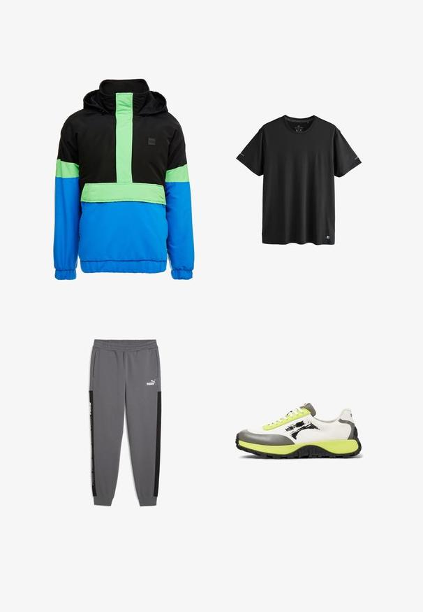Veste coupe-vent colorée avec une partie supérieure noire, des accents vert néon et une partie inférieure bleue. Le matériau semble léger et synthétique.; T-shirt de sport noir à manches courtes et col rond avec logos discrets sur les manches et l'ourlet inférieur, taille moyenne.; Pantalons de survêtement gris en tissu doux, avec des bandes latérales noires, une taille élastique et le logo Puma en blanc à l'avant.; Les baskets présentent une tige en toile blanche, des accents en caoutchouc gris, des lacets vert fluo, un logo bien visible et une semelle noire texturée pour une meilleure adhérence.