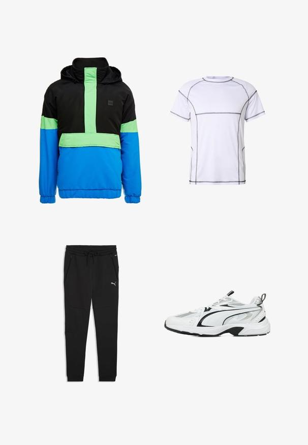Farverig vindjakke med en sort topsektion, neon grønne detaljer og en blå underdel. Materialet ser let og syntetisk ud.; Hvid atletisk T-shirt med korte ærmer med sort kontrastsøm, der aftegner sømme på skuldre, ærmer, bryst, sider og kant.; Sorte joggingbukser med snørelukning i taljen, lynlåslommer og elastiske manchetter. Lavet af et blødt stof med en glat tekstur. Puma-logo vist.; Hvide atletiske sneakers med sorte og sølvfarvede accenter, meshe- og syntetiske materialer, tekstureret overdel, polstret sål og snørebåndsdesign.