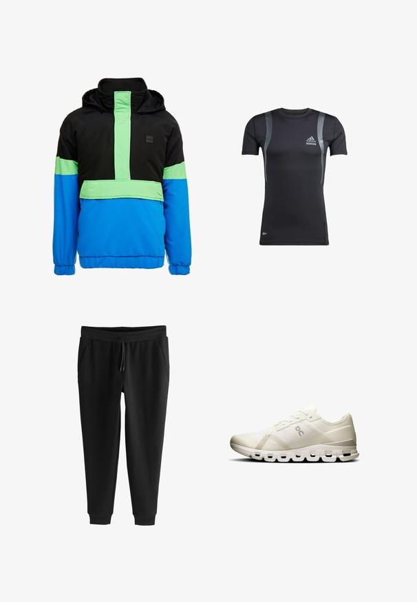 Farverig vindjakke med en sort topsektion, neon grønne detaljer og en blå underdel. Materialet ser let og syntetisk ud.; Sort kortærmet træningsskjorte med grå detaljer, lavet af elastisk stof. Har et Adidas-logo på venstre bryst og Techfit-branding.; Sorte tilspidsede joggingbukser med elastik i taljen, snøre, sidelommer og manchetter ved anklerne, lagt fladt på hvid baggrund.; Hvid sportsko med en åndbar mesh-overdel, minimalistisk design og en polstret sål med forlængede udsparinger for støtte.