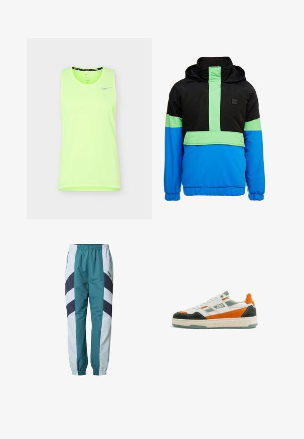 Veste coupe-vent colorée avec une partie supérieure noire, des accents vert néon et une partie inférieure bleue. Le matériau semble léger et synthétique.; Débardeur de course Nike sans manches vert néon vif avec logo swoosh réfléchissant sur la poitrine gauche sur fond blanc.; Pantalon de survêtement bleu sarcelle et gris clair avec motifs en chevron, taille élastique, poches latérales et poignets côtelés aux chevilles.; Baskets blanches avec des accents en daim vert, orange et noir, lacets blancs, logo "CAVAL" sur le côté et semelle beige avec crampons verts.