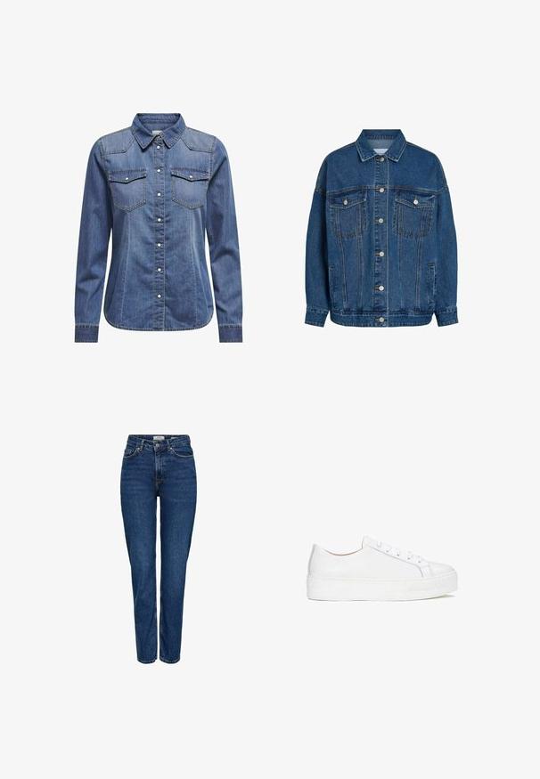 Sinine teksajakk, millel on ees nööbitav sulgur, kaks rinnataskut klapiga ja nööpidega, küljetaskud ning klassikaline krae.; Tumedates denim särk, millel on kaelus, pikad varrukad, kahekordsed rinnataskud ja kontrastsed õmblused.; Tumesinised teksapüksid sirge säärega, kõrge vöökohaga, viie taskuga, heleda õmblusega ja peene tekstuuriga viimistlusega.; Valge nahkne sneaker sileda pinnaga, ümmarguse varbaga ja tasase tallaga. Omab nöörimisega sulgemist ja peeneid tikandeid.