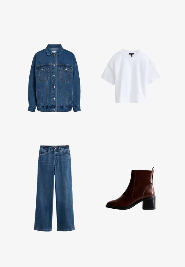 Blå denimjakke med knappelukning foran, to brystlommer med knapper, sidelommer og klassisk krave.; Simpel hvid kortærmet crop top med rund halsudskæring og sort mærke indeni kraven.; Blå vidde jeans i denim med høj talje, fem lommer, subtile slidte detaljer, knaplukning og kontrasterende syninger.; Brun læder ankelstøvle med firkantet tå og sidesøm, en 7,5 cm stablet hæl og en trækflap bagpå for nem påtagning.