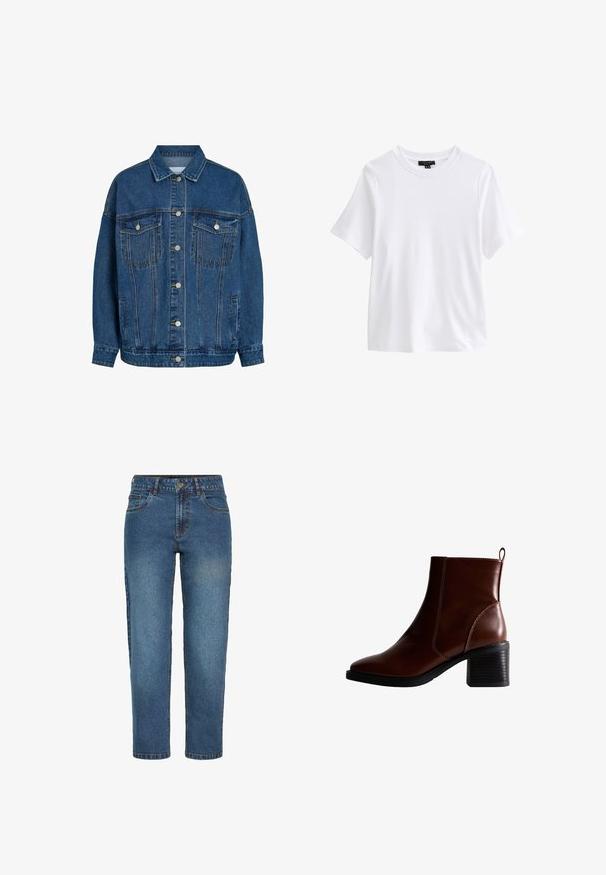 Blauwe denimjas met knoopsluiting aan de voorkant, twee klepzakken op de borst met knopen, zijzakken en een klassieke kraag.; Effen wit T-shirt met korte mouwen en ronde hals met een zwart kledinglabel aan de binnenkant van de kraag op een witte achtergrond.; Blauwe high-waist straight-leg spijkerbroek met voorste knoop en ritssluiting, twee voorzakken en riemlussen.; Bruin lederen enkellaars met een vierkante neus en zijnaad, een gestapelde hak van 7,5 cm en een lus aan de achterkant voor gemakkelijk aan- en uittrekken.