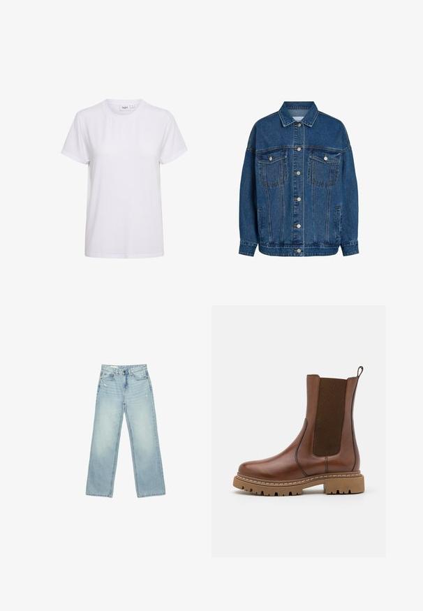 Blauwe denimjas met knoopsluiting aan de voorkant, twee klepzakken op de borst met knopen, zijzakken en een klassieke kraag.; Kortebloemige witte T-shirt gemaakt van zachte katoen. Heeft een ronde hals en een eenvoudig, naadloos ontwerp zonder versieringen of patronen.; Lichtblauwe jeans met hoge taille en wijde pijpen, lichte slijtage op de voorzakken en dijen, knoopsluiting en vijfzakkenontwerp.; Bruine leren enkelboot met elastische panelen en een trekomed. Kenmerkt zich door een robuuste rubberen zool en zichtbare stiksels langs de randen.