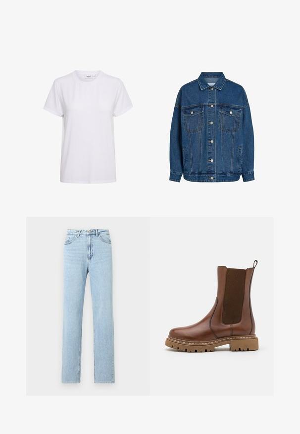 Blaue Jeansjacke mit durchgehender Knopfleiste, zwei Brustklappentaschen mit Knöpfen, Seitentaschen und klassischem Kragen.; Kurzärmliges weißes T-Shirt aus weicher Baumwolle. Verfügt über einen runden Halsausschnitt und ein schlichtes, nahtloses Design ohne Verzierung oder Muster.; Hellblaue Jeans mit geradem Bein, Vorderentaschen, Gürtelschlaufen sowie einem Knopf- und Reißverschluss.; Braune Leder-Ankle-Boots mit elastischen Einsätzen und einem Ziehschlaufe. Sie verfügen über eine robuste Gummisohle und sichtbare Nahtdetails entlang der Kanten.