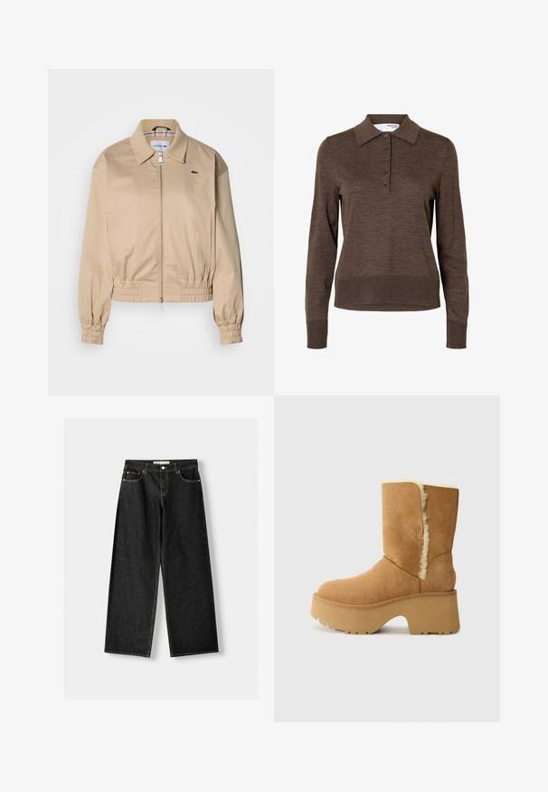 Beige cropped jakke med krave, elastiske ærmegab og lynlåslukning foran. Har en lille grøn logo på venstre bryst.; Brun dames poloshirt med lange ærmer, krave og fem knapper foran, lavet af fint strikket stof.; Sorte denim bukser med bred ben, der har fem lommer, metalknap og lynlås lukning samt kontrasterende gul syning langs sømmene.; UGG NEW HEIGHTS CUFF - Vinterstøvler - chestnut