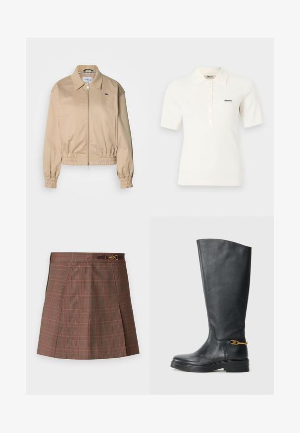 Beige cropped jack met een kraag, elastische manchetten en een ritssluiting aan de voorkant. Heeft een klein groen logo op de linkerborst.; Wit polohemd met korte mouwen en geribbelde stof, voorzien van kraag en knoopsluiting, met klein zwart "ellesse"-logo op de linkerborst.; Bruin geruit rokje met oranje accenten, voorzien van een geplooid ontwerp, een aansluitende taille en een decoratieve gouden hardware detail op de riem.; Zwarte leren kniehoge laars met een robuuste zool en een kleine gouden decoratieve gesp bij de enkel op een witte achtergrond.
