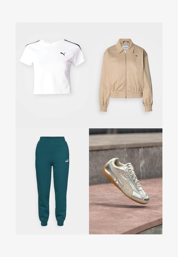 Beige verkürzte Jacke mit Kragen, elastischen Bündchen und Reißverschluss vorne. Verfügt über ein kleines grünes Logo auf der linken Brust.; Weißes, kurzes T-Shirt aus Baumwolle mit schwarzen Schulterakzenten und einem kleinen schwarzen Logo auf der linken Brustseite.; Dunkelblaue Sweatpants mit elastischem Bund, schmal zulaufenden Beinen und PUMA-Logo in Weiß. Hergestellt aus weichem, strukturiertem Stoff.; Silberner und beigefarbener Puma-Sneaker mit Gummisohle, schwebt über rosa und grauen Steinstufen.