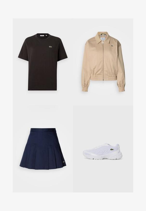 Veste courte beige avec un col chemise, des poignets élastiques et une fermeture éclair à l'avant. Présente un petit logo vert sur le côté gauche de la poitrine.; T-shirt en coton noir avec un col rond, des manches courtes, et un petit logo Lacoste vert sur le côté gauche de la poitrine. Texture douce, coupe décontractée.; Jupe plissée bleu marine avec une taille ajustée, fabriquée à partir d'un tissu lisse. Présente un petit logo Lacoste sur l'ourlet.; Baskets blanches de sport avec dessus en maille, design texturé et col rembourré. Présente un logo vert sur le côté et une semelle rembourrée pour le confort.