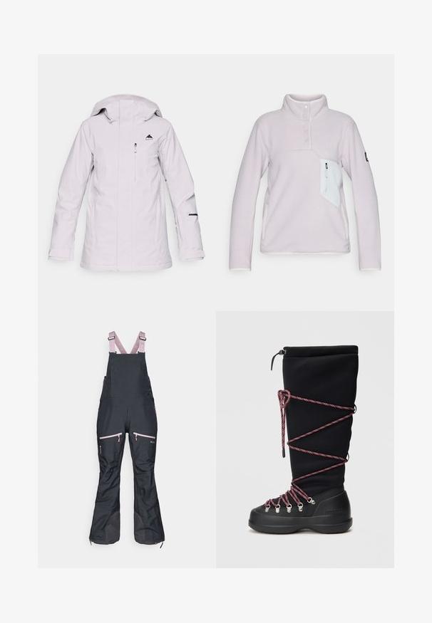 Veste imperméable gris clair avec fermeture éclair à l'avant, capuche ajustable et logo noir sur la poitrine. Elle présente des poches zippées et des accents noirs.; Pull en polaire violet clair avec un col haut, trois boutons à l'avant et une poche poitrine zippée blanche. Présente des finitions blanches contrastantes.; Salopettes noires imperméables avec des bretelles réglables roses, dotées de poches zippées et de parties inférieures renforcées pour une durabilité accrue.; Botte noire avec une tige haute et douce au fini brillant, des lacets bordeaux, des œillets métalliques et une semelle en caoutchouc noir robuste.