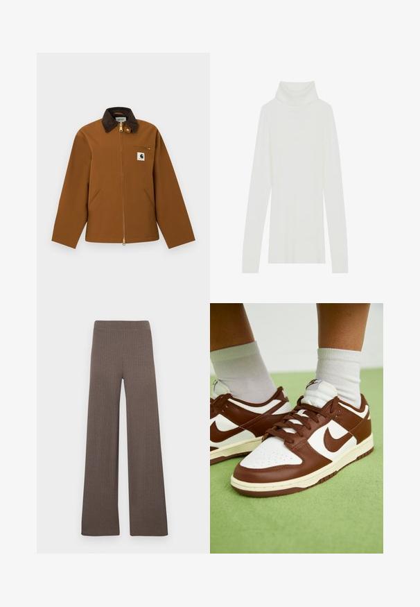 Bruine Carhartt-jas met een donkere ribfluwelen kraag, ritssluiting aan de voorkant, borstzak met rits en een logo-patch aan de voorkant, getoond op een witte achtergrond.; Witte geribde turtleneck trui met lange mouwen, zachte textuur en een hoge rolkraag, met een aansluitend ontwerp en geen zichtbare sluitingen.; Geribbelde wijde broek in een donkerbruine kleur, met een rekbare tailleband en een zachte, gestructureerde stof.; Bruine en witte leren sneakers met perforaties bij de teen, getextureerde accenten en platte veters. Het model heeft een lage schacht en een rubberen zool.