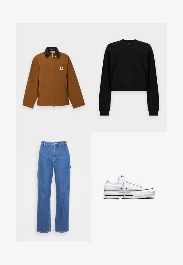 Braune Carhartt-Jacke mit dunklem Cord-Kragen, vorderem Reißverschluss, Brustreißverschlusstasche und vorderem Logo-Patch, auf weißem Hintergrund dargestellt.; Schwarzes, langärmeliges, kurzes Sweatshirt mit geripptem Rundhalsausschnitt, Bündchen und Saum, dargestellt vor einem schlichten hellgrauen Hintergrund.; Blaue High-Waist-Jeans mit geradem Bein, ausgestattet mit einem Frontknopfverschluss und seitlichen Taschen. Glatte Textur und keine sichtbaren Muster.; Weißer Canvas-Sneaker in niedriger Ausführung mit weißen Schnürsenkeln, schwarzen Streifen an der Sohle und gummiertem, strukturiertem Zehenschutz, Seitenansicht vor weißem Hintergrund.