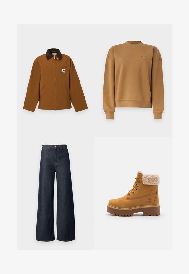Bruine Carhartt-jas met een donkere ribfluwelen kraag, ritssluiting aan de voorkant, borstzak met rits en een logo-patch aan de voorkant, getoond op een witte achtergrond.; Bruine trui met ronde hals en geribbelde manchetten en zoom, met een klein rechthoekig logo op de linkerborst.; Donkere denim jeans met wijde pijpen en een hoge taille, voorzien van een vijfzakkenontwerp, gouden stiksels en metalen knoopdetail. Over het geheel een gladde textuur.; Tan suède laars met een nepbont kraag, gouden oogjes en een contrasterende rubberen zool. Voorzien van een logo op de zijkant en een gestructureerde loopvlak.