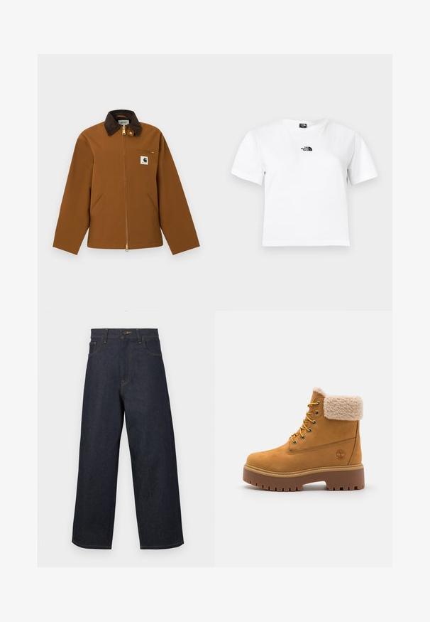 Brun Carhartt-jakke med mørk fløjlskrave, lynlås foran, brystlomme med lynlås og logo-patch foran, vist på hvid baggrund.; Hvid bomulds t-shirt med korte ærmer, rund hals og et sort The North Face-logo på brystet. Enkel, udekoreret design.; Mørkeblå vidde bukser i denim med knapper foran og lommer, vist mod en ensfarvet hvid baggrund.; Tan ruskindsstøvle med en kunstig pelskrave, gyldne øjer og en kontrasterende gummisål. Har et logo på siden og struktureret sål.
