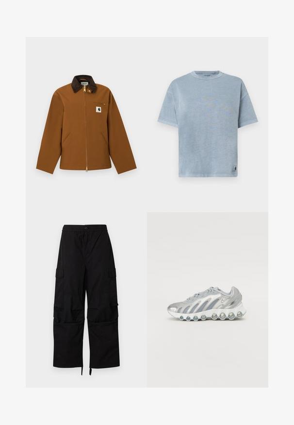 Brun Carhartt-jakke med mørk fløjlskrave, lynlås foran, brystlomme med lynlås og logo-patch foran, vist på hvid baggrund.; Lyseblå bomulds T-shirt med korte ærmer, rund halsudskæring og syet søm. Har et lille logo-label nederst til venstre.; Sorte cargobukser med elastisk talje, knaplukning, sidelommer med klap og brede, lige ben med justerbare kanter.; Sølv- og grå sportsko med en mesh-overdel, buet design og en unik rund sål med gennemsigtige stødabsorberende elementer.
